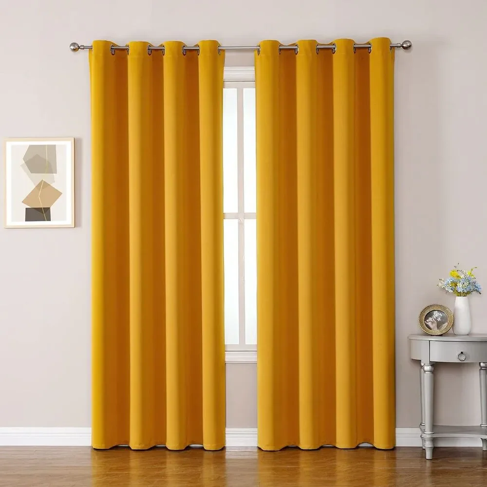 Set of 2 Curtain Panels, 52W x 72L, Room Darkening Curtains (Mustard Yellow)